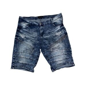 ENCRYPTED Mens Distressed Biker Denim Shorts Blue Size 46 Y2K grunge moto ribbed